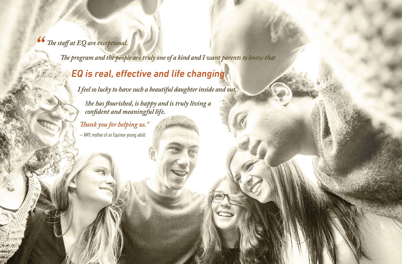 Equinox Counseling & Wellness Center testimonial image featuring a quote from Amy, a mother of an Equinox young adult. Background photo used shows a group of teens in a huddle