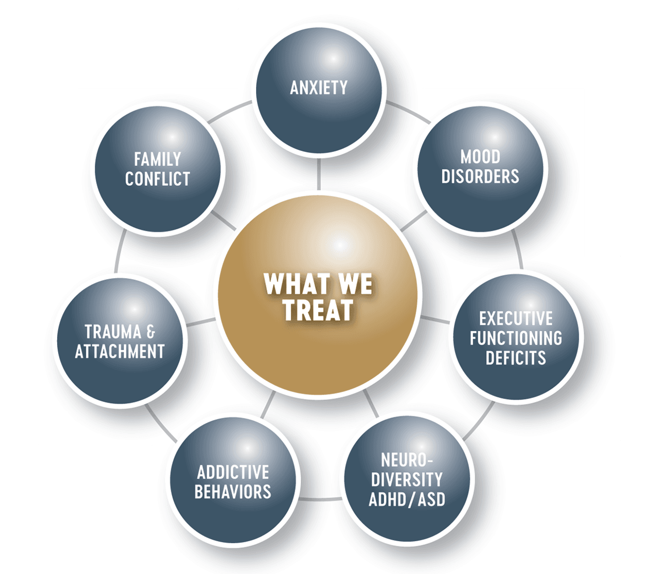 What we treat info graphic: family conflict, anxiety, mood disorders, adhd, autism, addictive behaviors, trauma & attachment and executive functioning deficits 