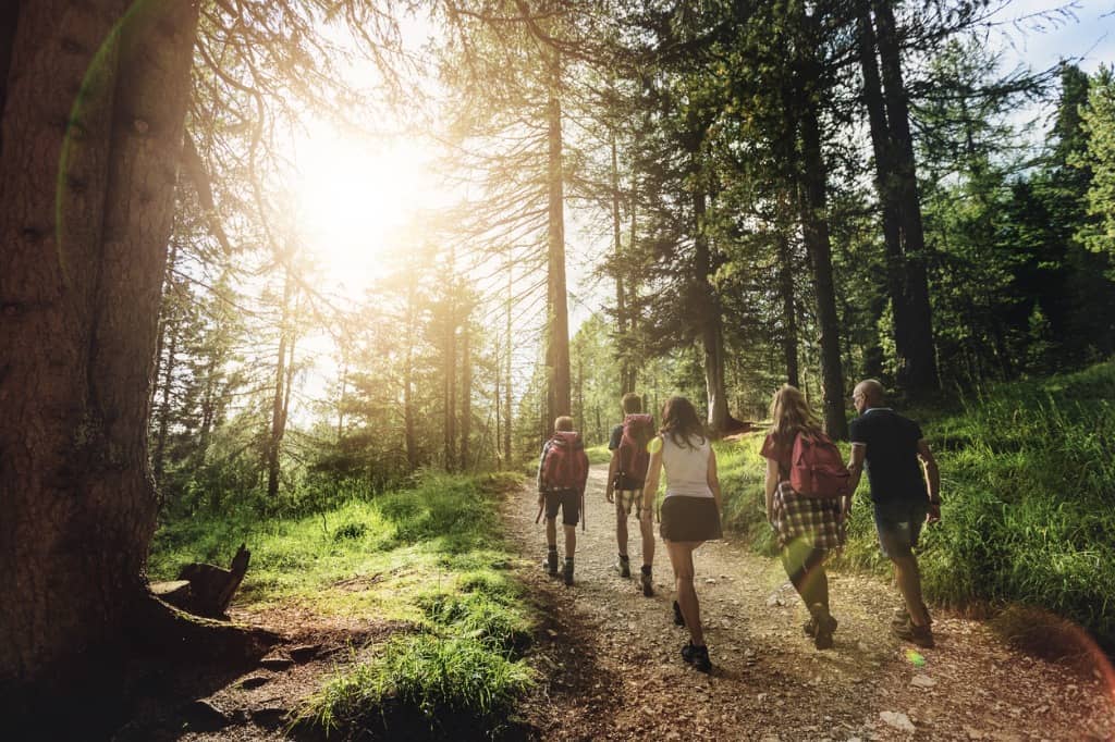 Group of teens on a hike in the forest